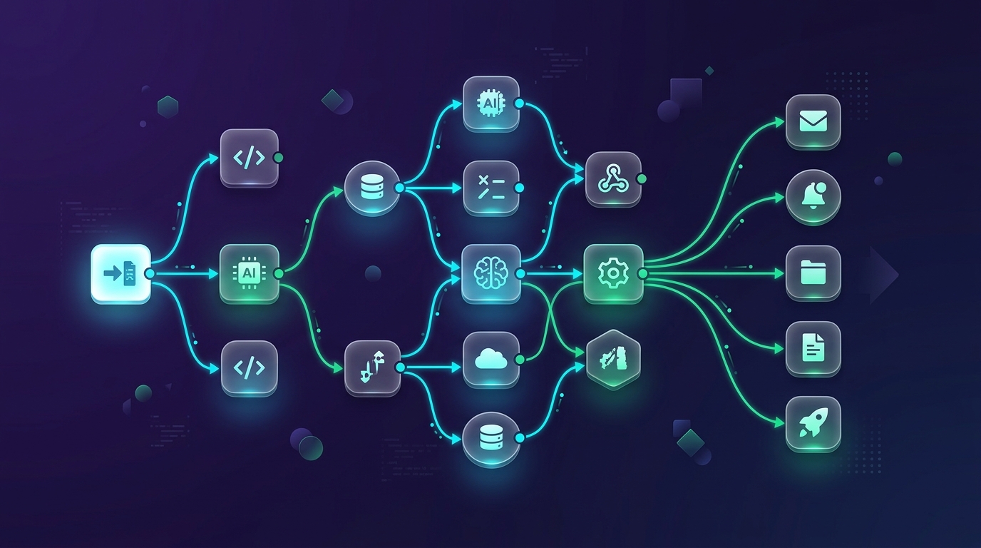 Abstract visualization of connected AI automation workflow nodes